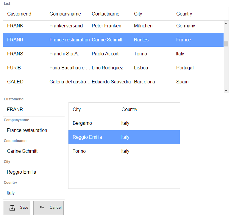 A Built-in List control (lower right) selects cities filtered by country to enter into a FormView (lower left) and edit a list (top).